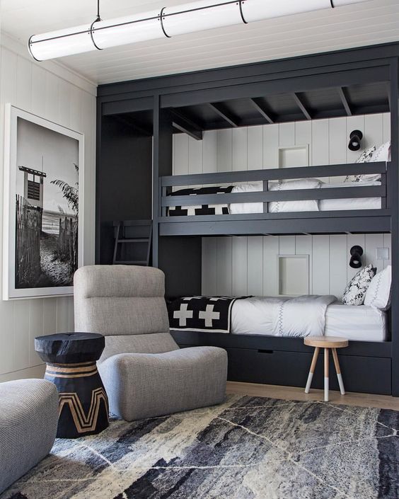 a monochromatic shared boy bedroom with black bunk beds, drawers, grey chairs and a graphic rug
