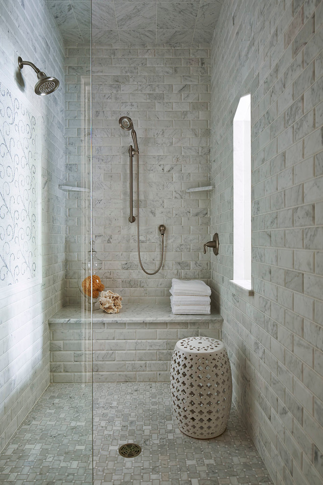 A brick-inspired tiles could make a shower looks like it's an outdoor one. (Martha O'Hara Interiors)