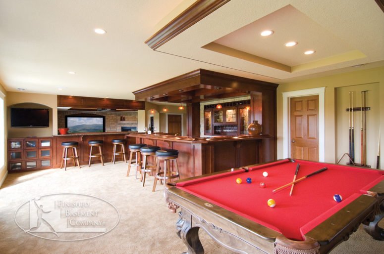 a basement bar and game areas should provide a variety of seating options (FBC Remodel)