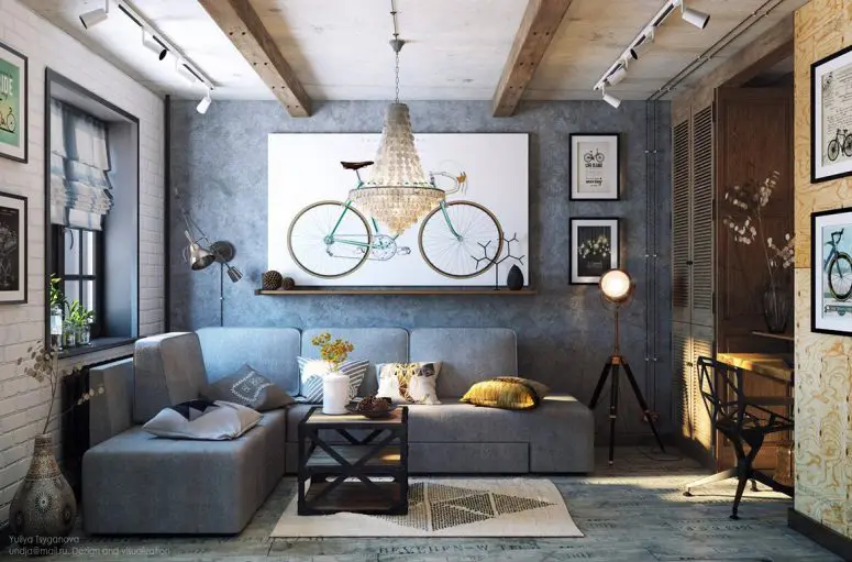 This cozy grey living room is done in industrial style