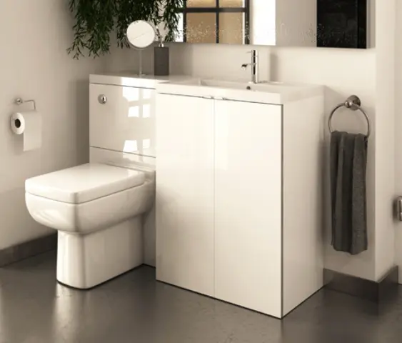 modern white vanity, sink and toilet unit