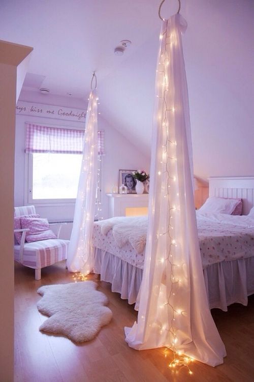curtains with LED lights are used to divide the room into areas