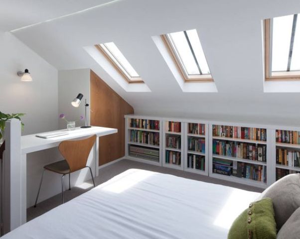 modern attic bedroom with a workspace nook