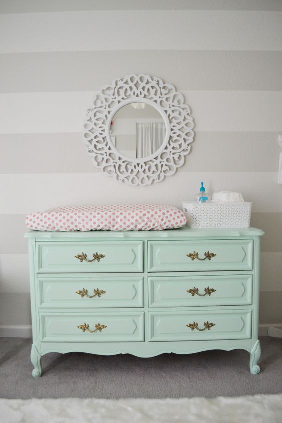 Provence-style dresser painted mint and turned into a changing station