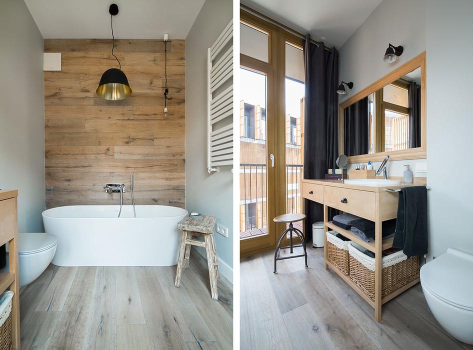 The master bathroom is full of nautral wood, which is a huge trend for bathrooms now