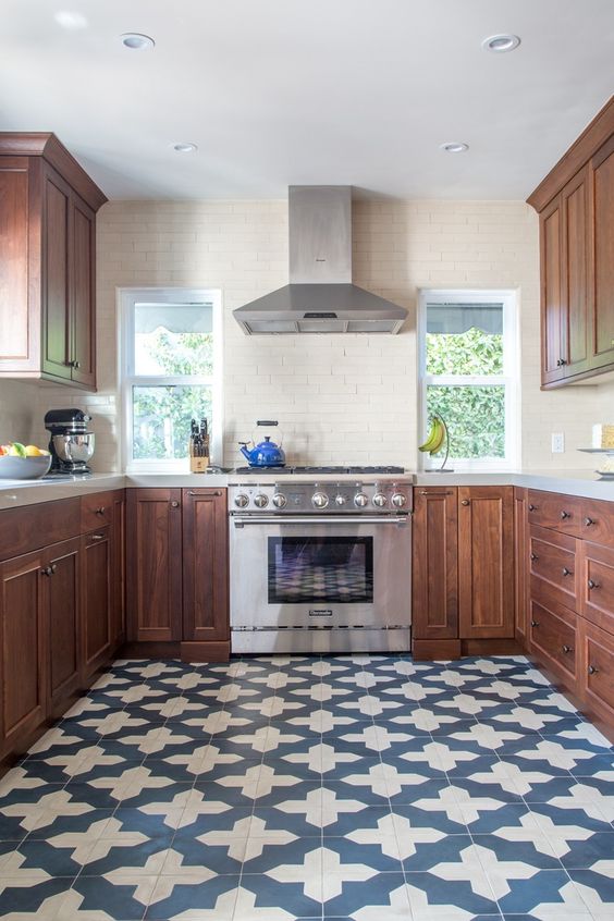 kitchen blue and white tile floor with a pattern to stand out