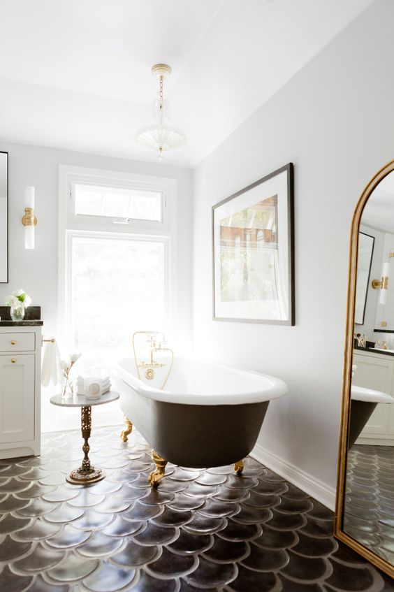 black scalloped bathroom floor gives special chic to this bathroom
