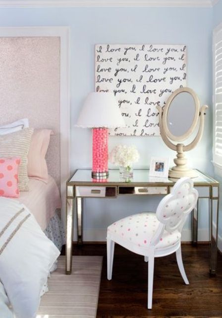14 glam bedroom with a gilded desk next to the bed
