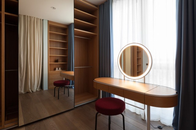 15 Draperies are widely used throughout the apartment to keep some privacy and divide spaces