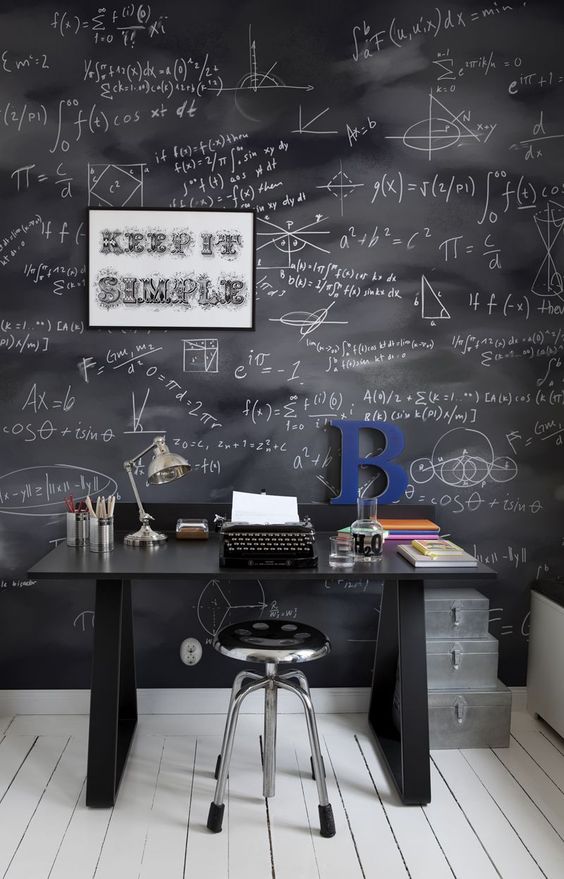 Industrial study space with special wallpapers   blackboard with math equations