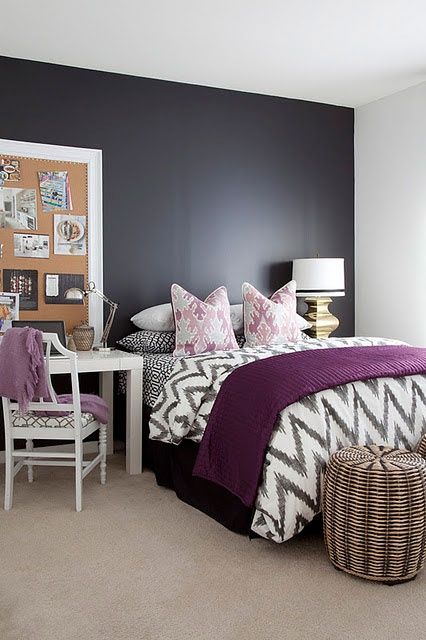 modern bold bedrooom with a desk instead of a nightstand