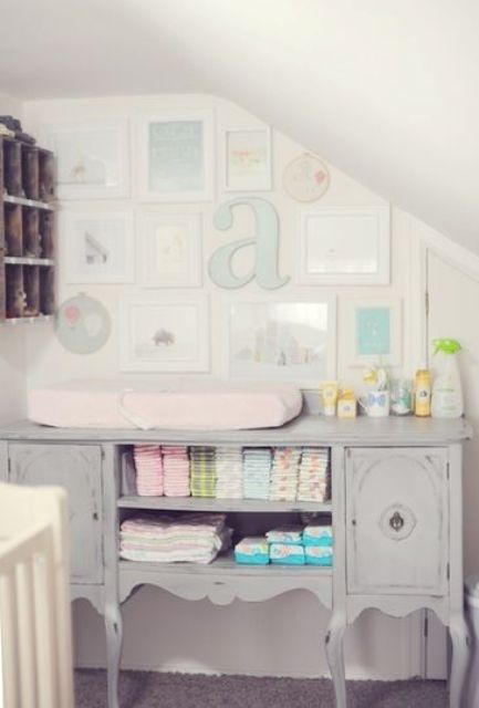 17 grey shabby chic changing station with a gallery wall