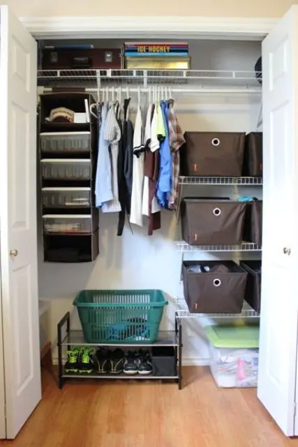 Well organized closet in a teen boy room