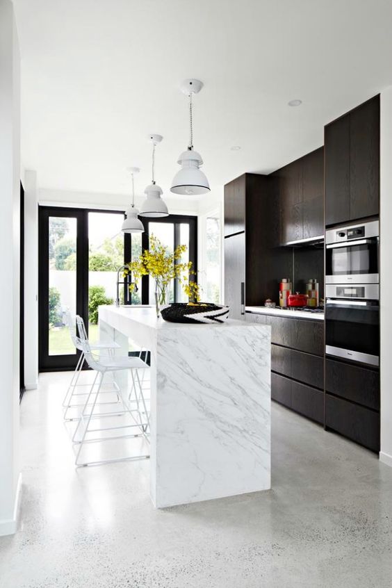 light grey concrete polished floors are the best for such a functional space as a kitchen