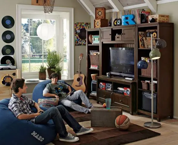 entertainment wall and bean bags for a teen hangout