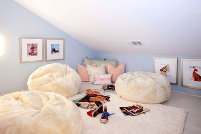 attic hangout nook with faux fur beanbag chairs