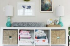 IKEA Kallax bookshelf with basket drawers and boxes will become a stylish changing table