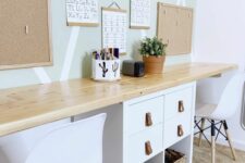 a shared desk of an IKEA Kallax piece with drawers and baskets and with a long butcherblock countertop is a cool idea for a kids’ space