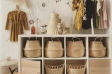 a stylish boho storage unit finished off with MDF doors and woven baskets is a lovely idea for a kids’ room