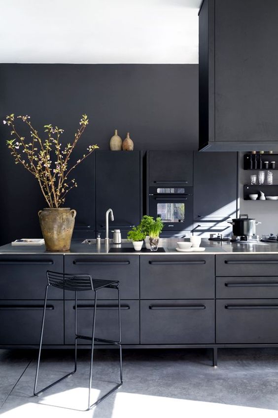 Cozy industrial all black kitchen clad with metal