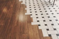 a stunning floor transition that doesn’t made with hexagonal tiles