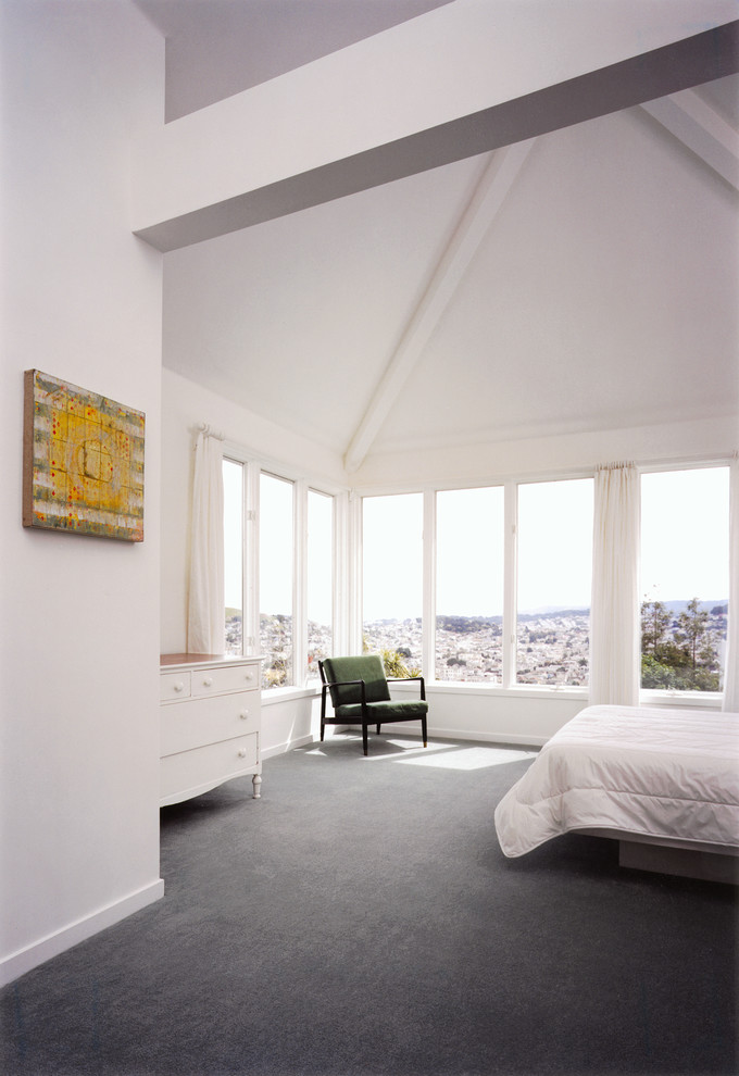 gray carpet mixed with white walls is a simple solution for a modern bedroom interior (450 Architects, Inc.)