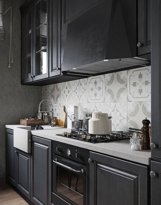 mid-century modern dark grey kitchen with white touches