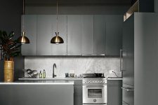 moody grey design with sleek cabinets and a stone backsplash