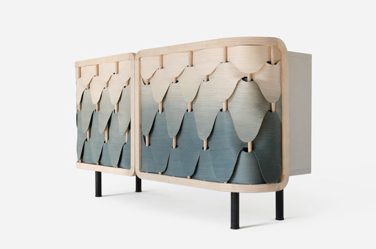 Gradient Alato cabinet was inspired by birds' feathers and in texture reminds of fish scales