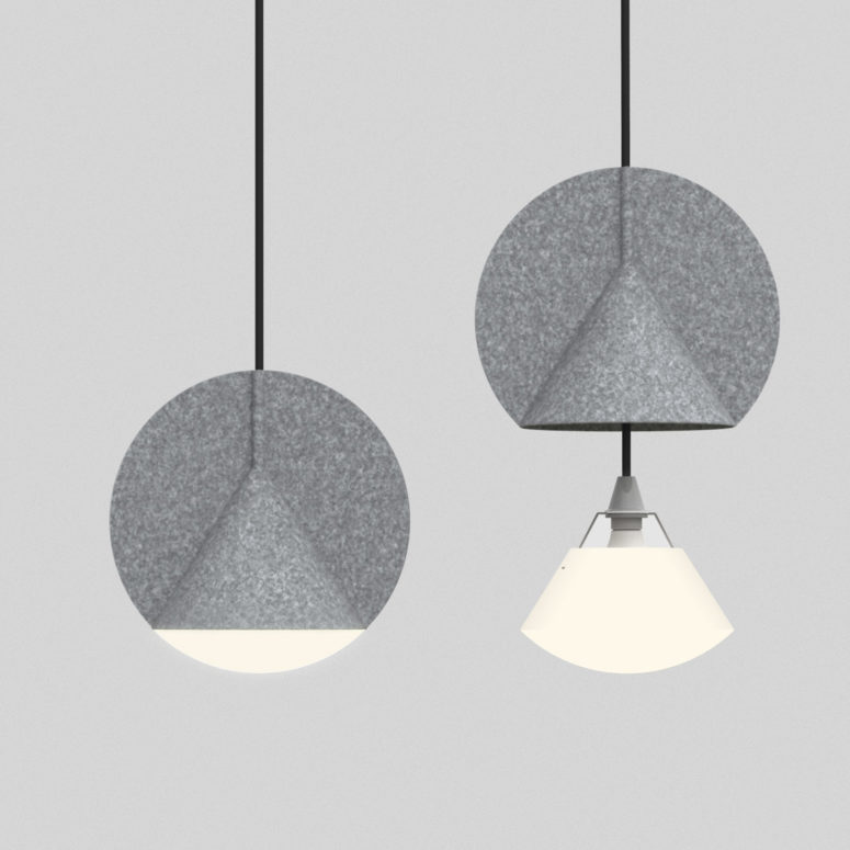 Outofstock is a geometric hanging lamp that combines a triangle and a circle in its shape