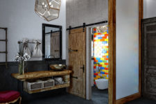 01 This eclectic bathroom mixes vintage, modern, industrial and rustic decor
