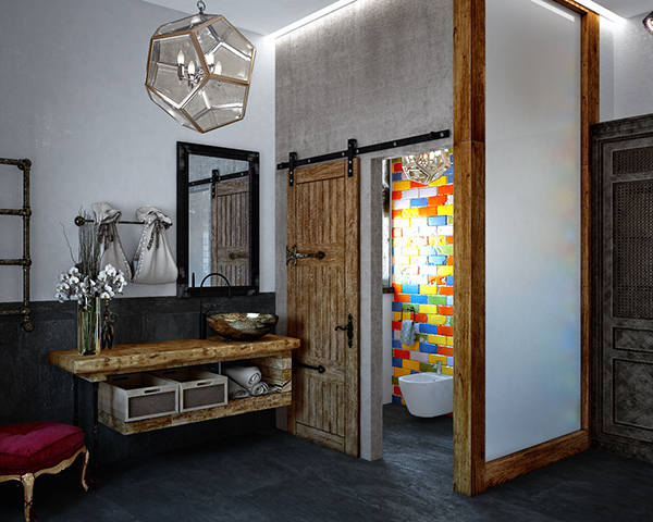 Eclectic Bathroom Design With Dark Tiles