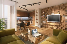 01 This modern bachelor’s pad is designed open-plan, with lots of warm woods and functional and simple decor