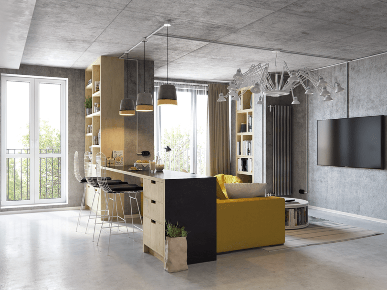 This modern living room and kitchen combo has industrial flavor