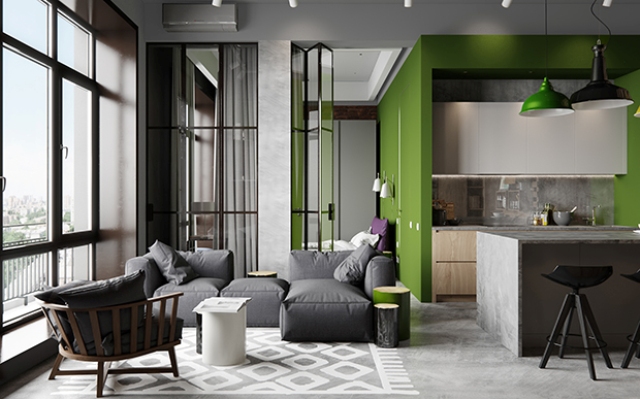 Calm grey backdrop was accentuated with bold green touches and warmed up with light woods