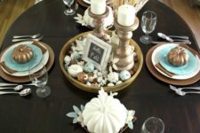 02 brown tablescape with blue accents, candles in antique candle holders and wheat
