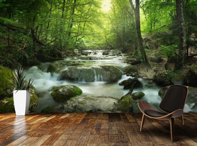 Echanted forest with a waterfall makes your living room nature filled