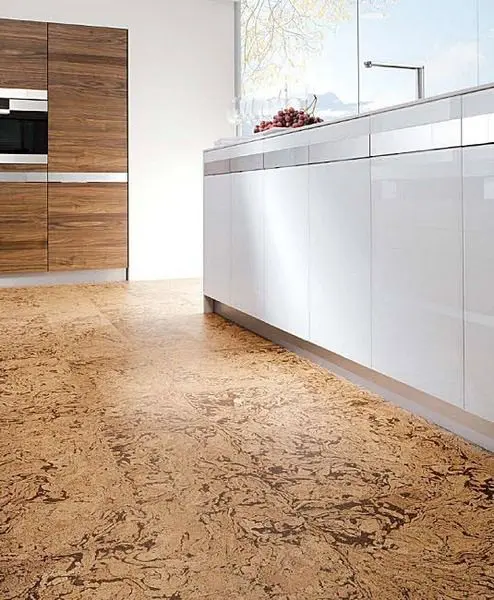 modern kitchen with textural cork floors