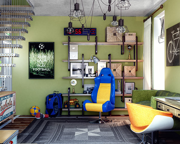 Industrial decorations and bold colors are right what a teen boy needs