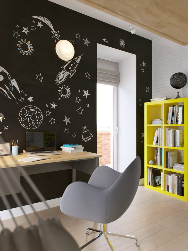 The chalkboard wallpaper is space-themed