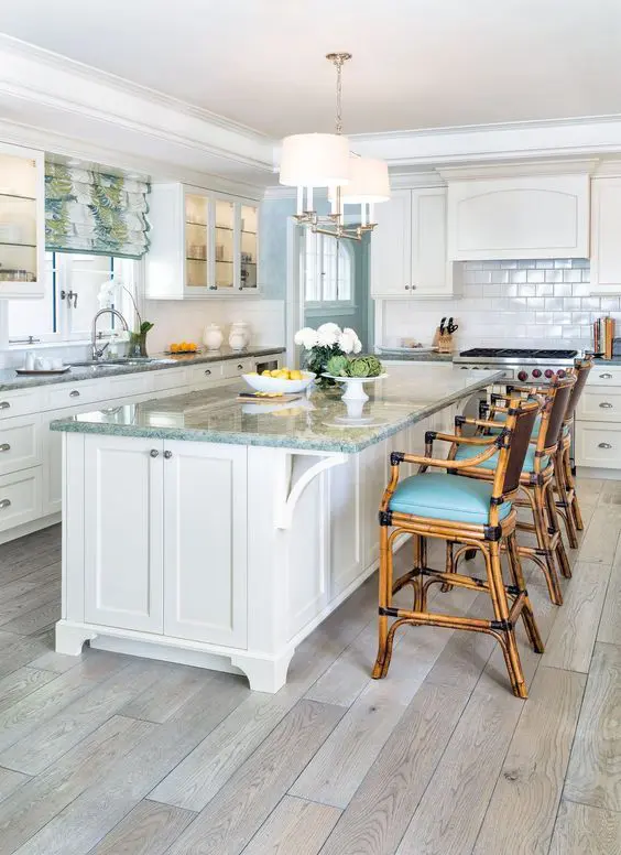 coastal kitchen with whitewashed hardwood floors