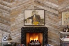 03 diagonal wood plank accent wall to highlight the fireplace