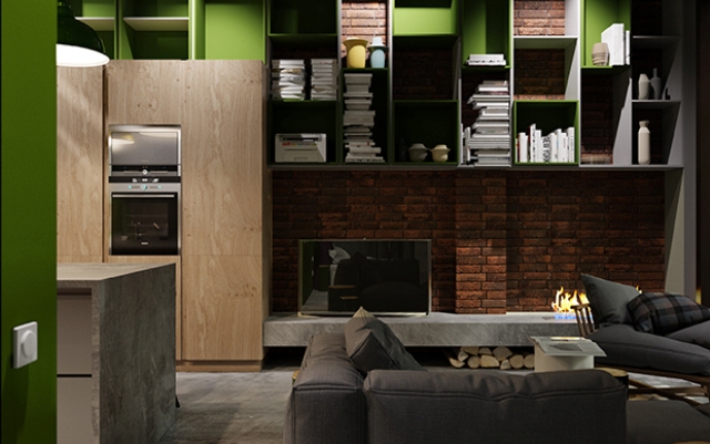 A bioethanol fireplace and firewood stored are for a cozy and inviting feeling