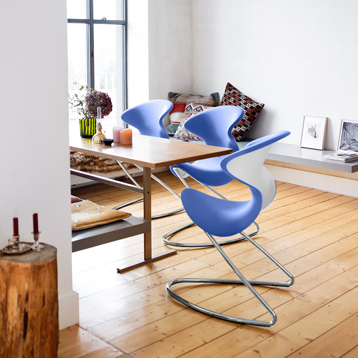 the legs contain some non skid pads to prevent furniture movement while protecting the flooring, and the blue and shape offers a great view on these contemporary sitting chairs