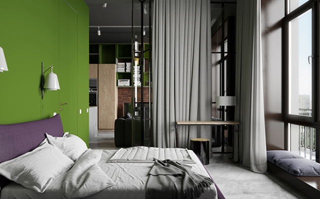 The master bedroom is decorated with grey, there are purple and green accents