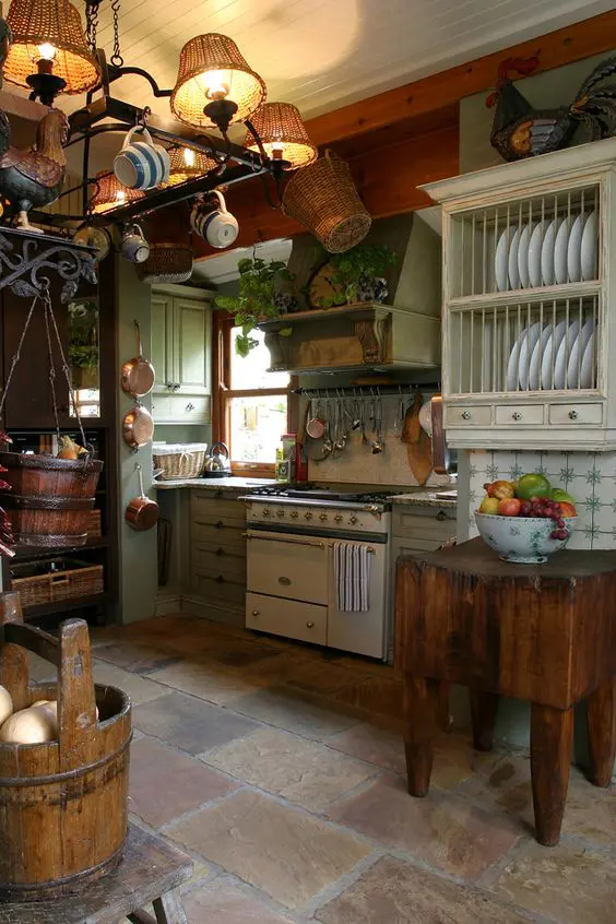 floors of different shades add to the cozy rustic kitchen decor