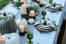 05 green and white pumpkins, candles on wood stumps, floral napkins