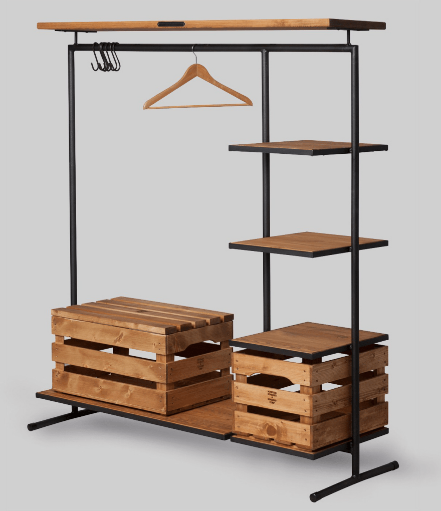 Metal and wood rack with crates for storage