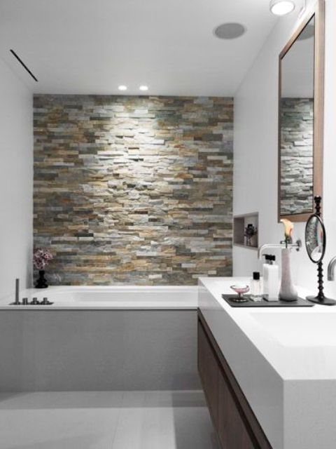 faux stone accent wall to add texture and style