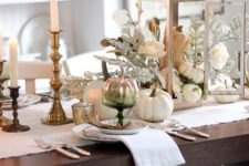 06 white and ivory table setting with gilded candle holders and silver pumpkins